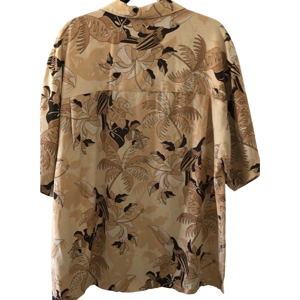 Bermuda Bay 100% Silk Floral Toucan Print Hawaiian Shirt Sz XL Brown Button Up - Picture 2 of 9